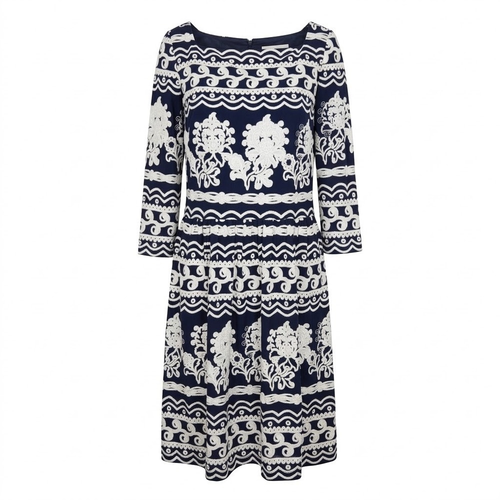 Trulli Navy Blue White Floral Embroidered 3/4 Sleeve Keyhole Back Dress Size 10